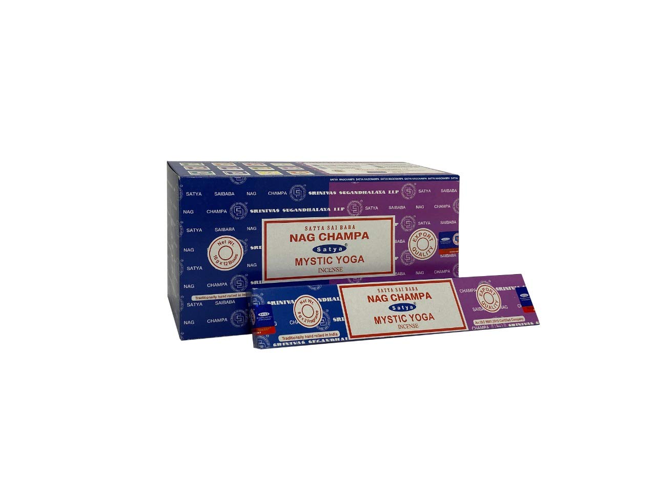 Satya 01325 Nag Champa & Mystic Yoga Combo Set of Incense Sticks, 12 Packs x 16g, Multi, One Size