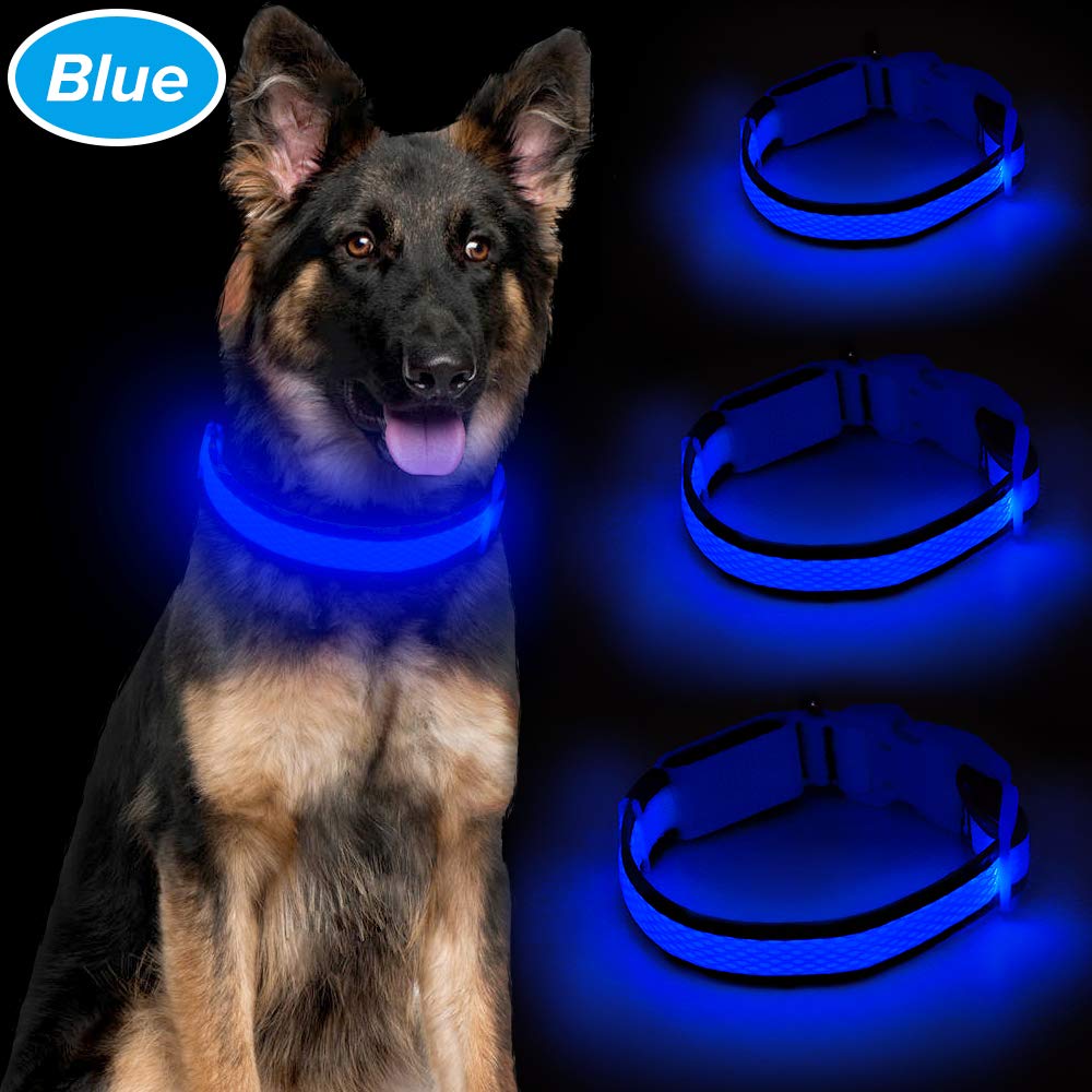 Ezier LED Dog Collar, USB Rechargeable Glowing Led Pet Collars, Comfortable Mesh Reflective Light Up Collars for Large Dogs (L, Blue)
