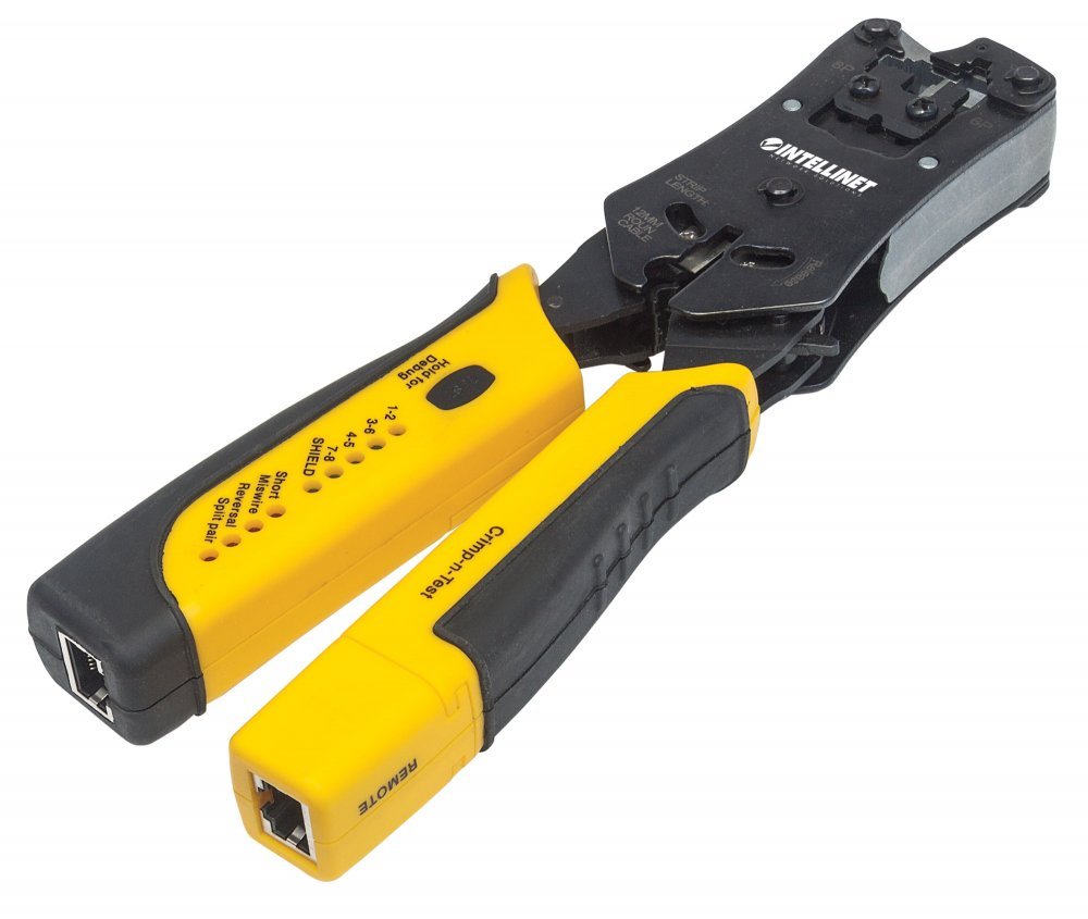 Intellinet Universal Modular Plug Crimping Tool and Cable Tester, 2-in-1 Crimper and Cable Tester: Cuts, Strips, Terminates and Tests, RJ45/RJ11/RJ12/RJ22