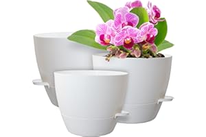 WSMKSZ 10/9/8 inch Medium Self Watering Pots, Plant Pots with Mesh Drainage Holes for Indoor Outdoor Garden Plants, Flower Pots with Removable Reservoir, Set of 3 Plastic Planters, White