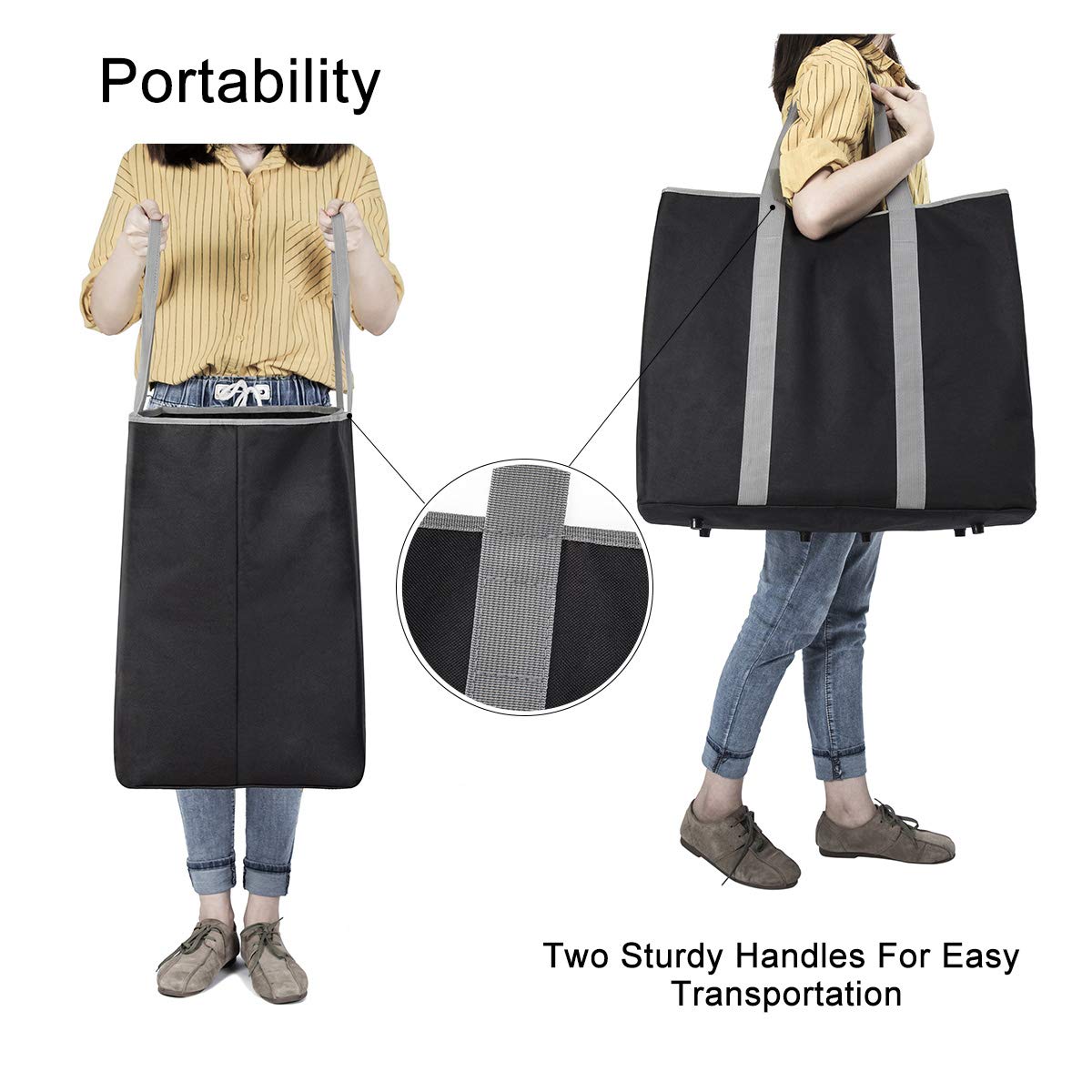 WISHPOOL Extra Large Laundry Basket Shopping Tote Bag Collapsible Laundry Hamper Handles Foldable Laundry Bags Standing Dirty Clothes Storage Organizer (Black)