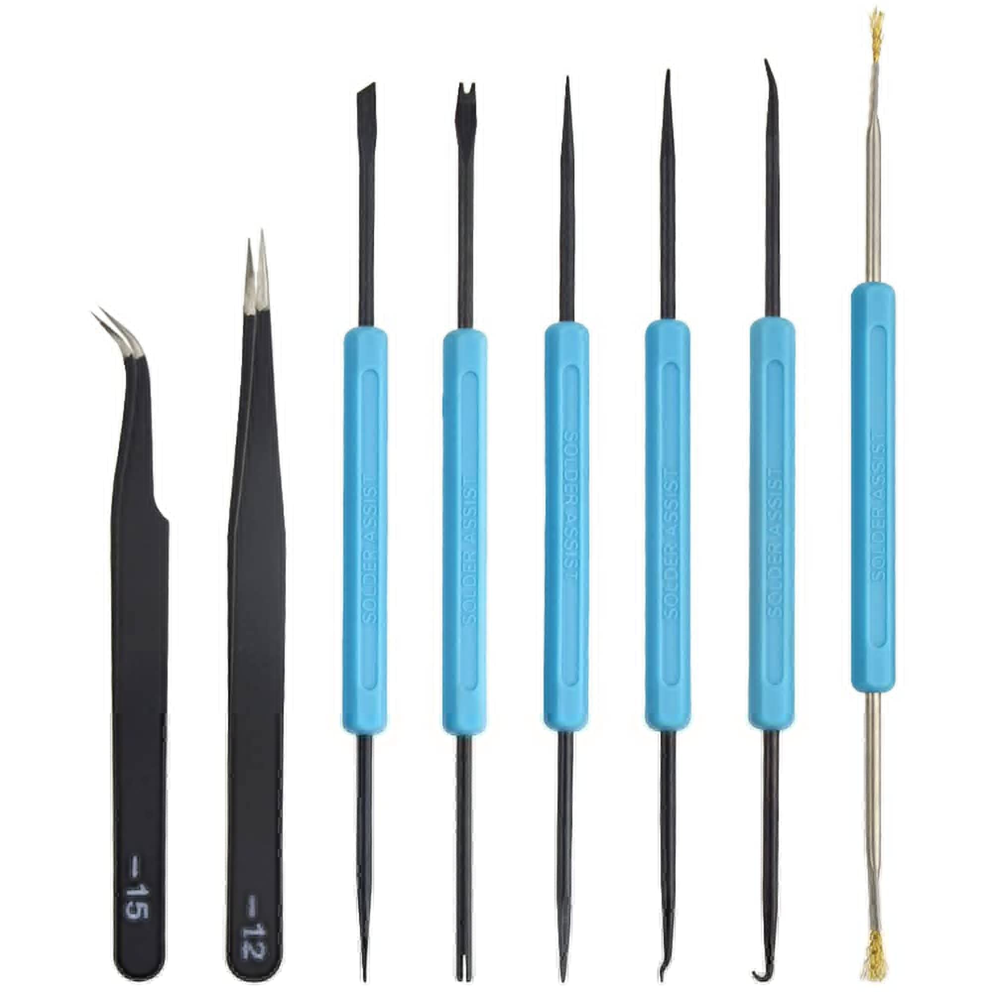 XINMEIWEN 6Pcs Solder Auxiliary Tools Double Sided Repair Tool with 2 Black Precision Tweezers for Electronics Repair and Soldering