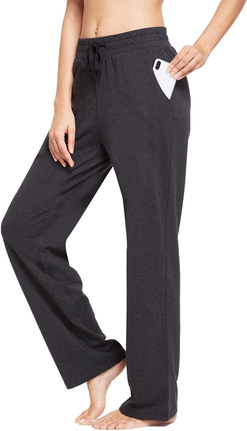 BALEAF Women's Cotton Leisure Drawstring Yoga Sweatpants Straight Bottom Leg Lounge Walking Wide Pajamas Pocketed