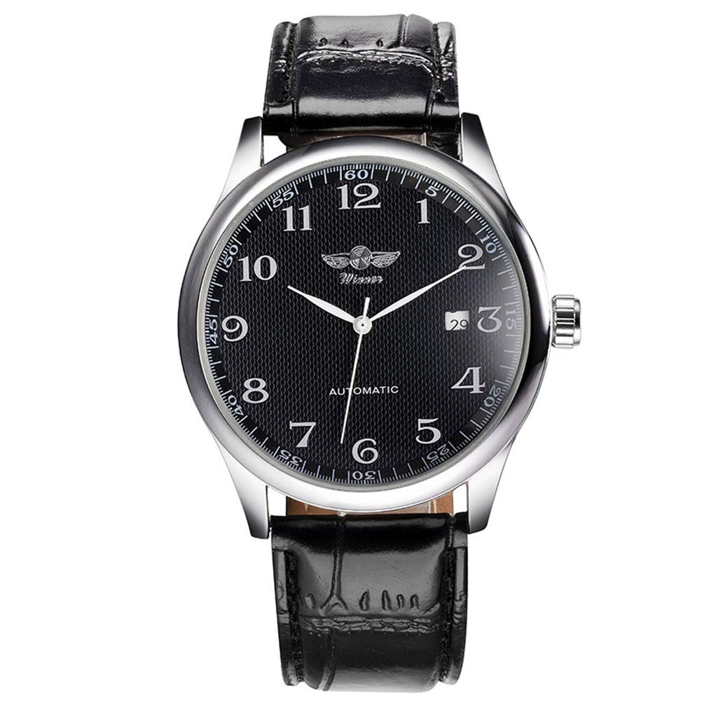 VIGOROSO Mens Watches Automatic Mechanical Black Dial Leather Strap Wrist Watch