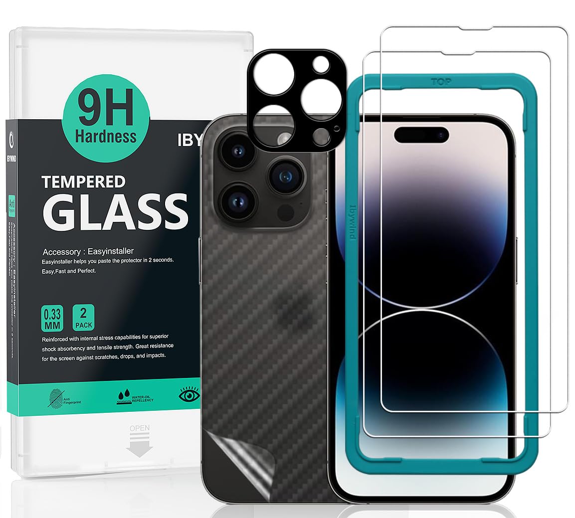 Ibywind Screen Protector (2 Pack) For iPhone 15 Pro 5G,9H Hardness Tempered Glass,With 1Pc Metal Camera Lens Protector,1Pc Back Protector,Easy to Install