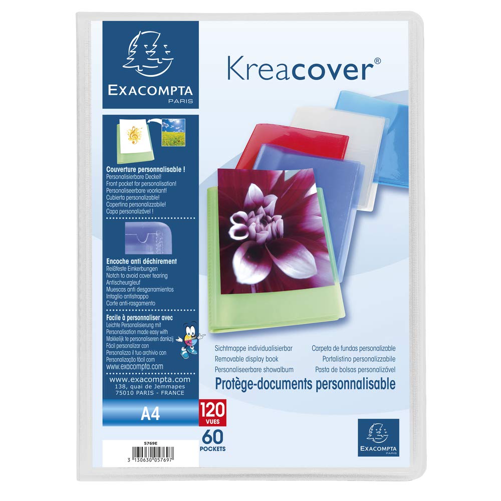 Exacompta - Ref 5769E - Kreacover Collection - Semi-Rigid Opaque PP Display Book - 240 x 320mm in Size, Suitable for A4 Documents, 60 Pockets - Assorted Colours (Pack of 1)