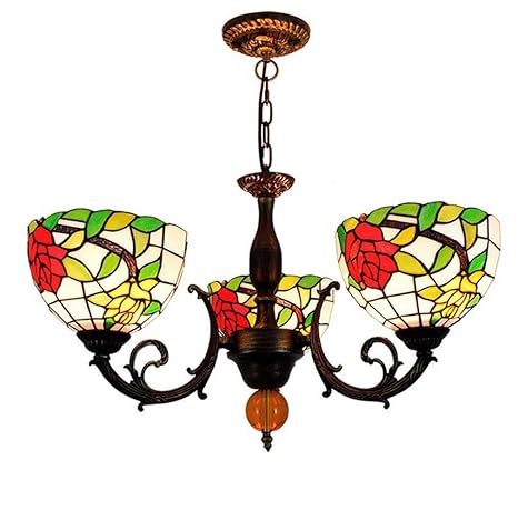 Tiffany Style Chandelier 8 Inch Stained Glass Rose Pattern