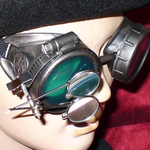Steampunk Victorian Goggles Glasses pewter green magnifying lens
