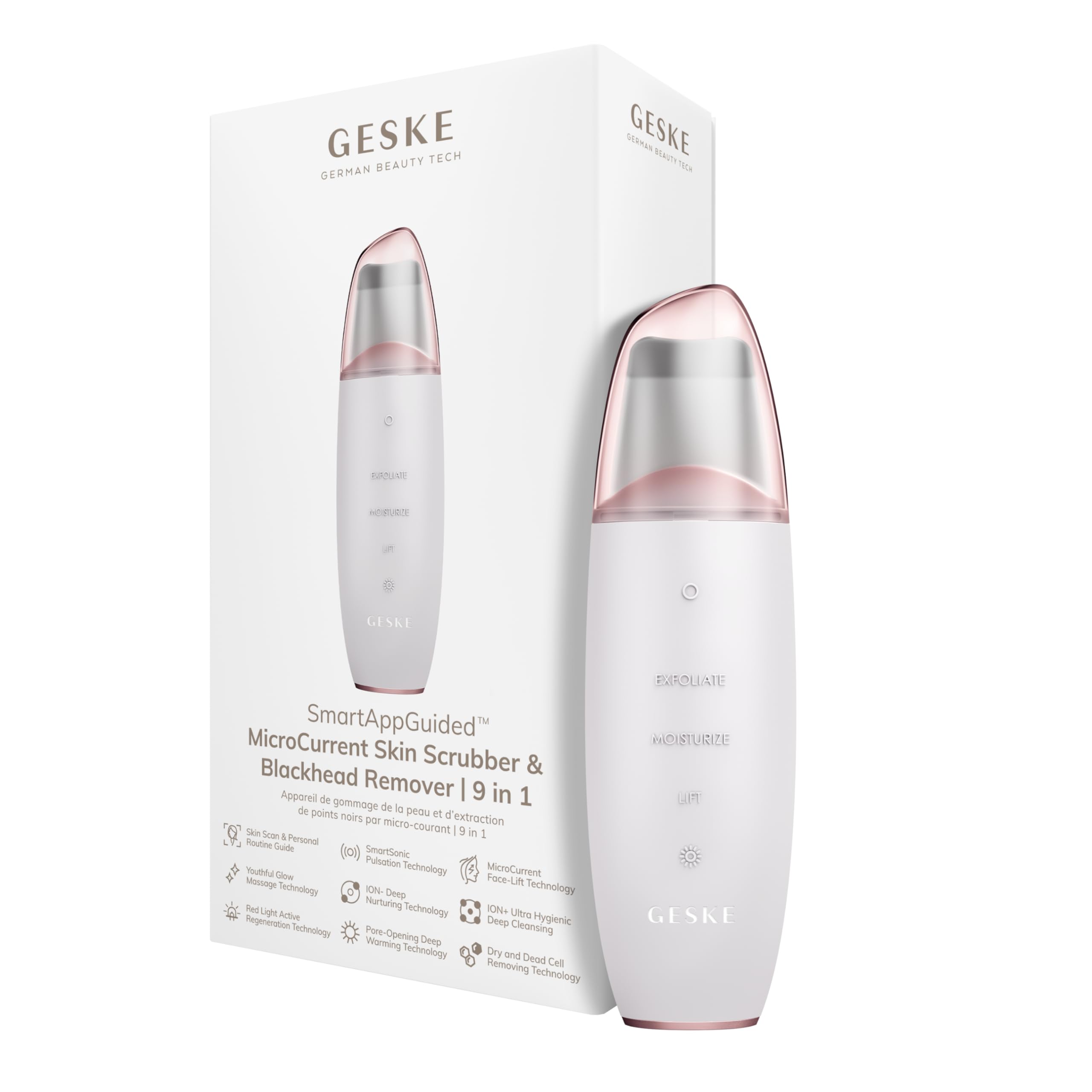 GESKE SmartAppGuided™ MicroCurrent Skin Scrubber & Blackhead Remover | 9 in 1 | Skincare tool | Pores cleaner | Anti-aging and cleansing | Professional face lift | Blackheads removal & extraction