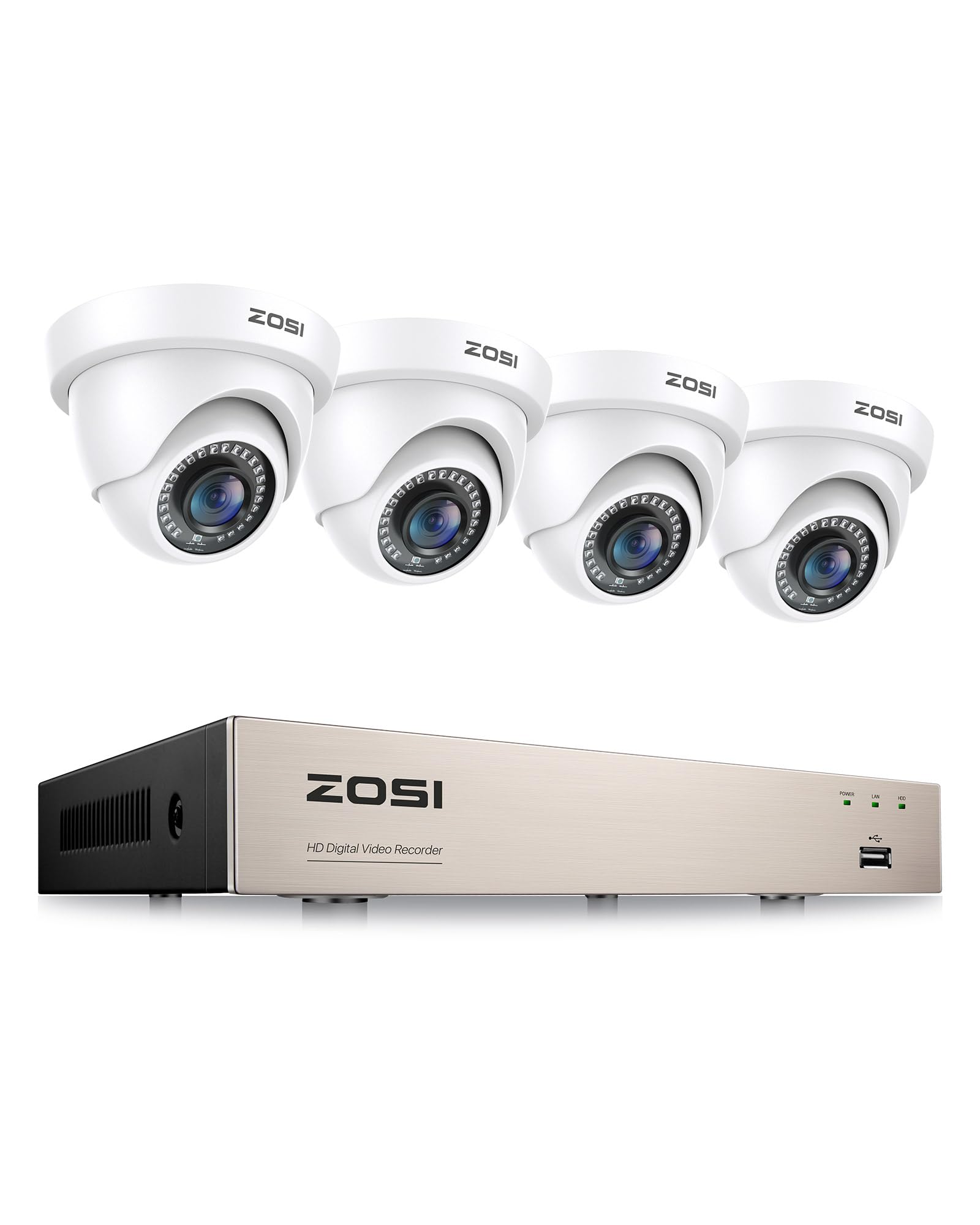 ZOSI 1080P CCTV Security Camera System with Human Vehicle Detection, 8 Channel H.265+ 5MP Lite Surveillance DVR and 4x2MP Outdoor 1920TVL CCTV Dome Cameras, Night Vision, Smart Alerts, NO Hard Drive