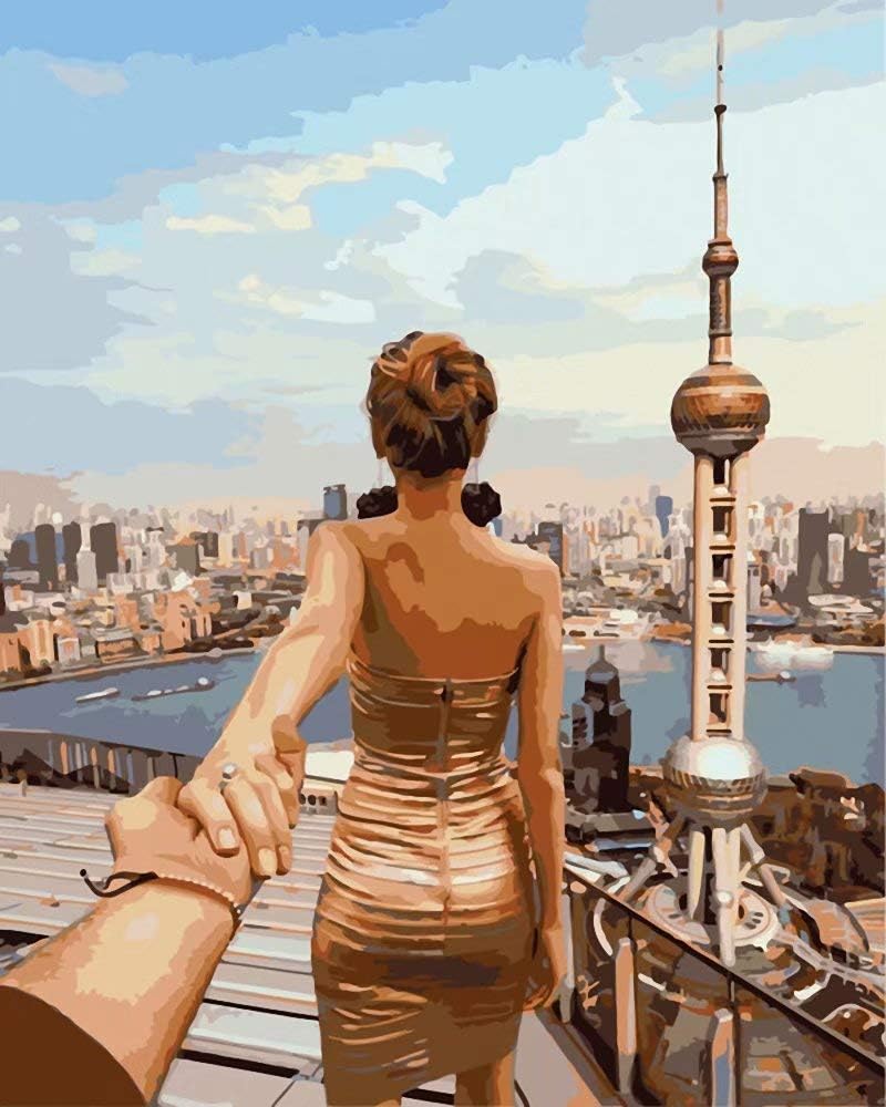 Paint By Number No Mixing/No Blending Linen Canvas DIY Painting - Couple Oriental Pearl Tower (Framed)