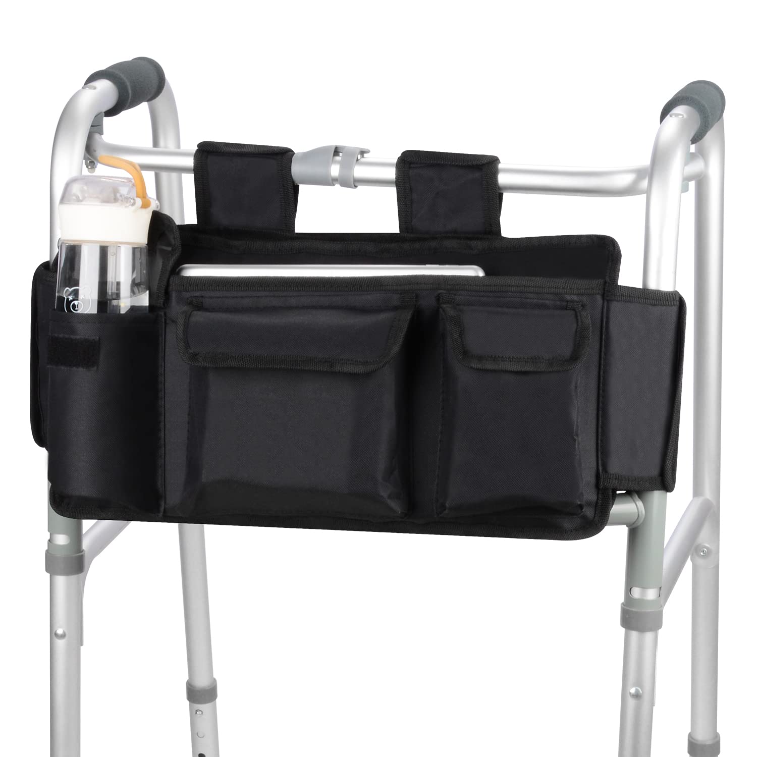 supregear Walker Bag, Folding Walker Basket Organizer Pouch Tote with Multiple Pockets and Zippered Compartment for Walker Rollator Scooters Wheelchair, Hook & Loop Design Storage Bag (Black)