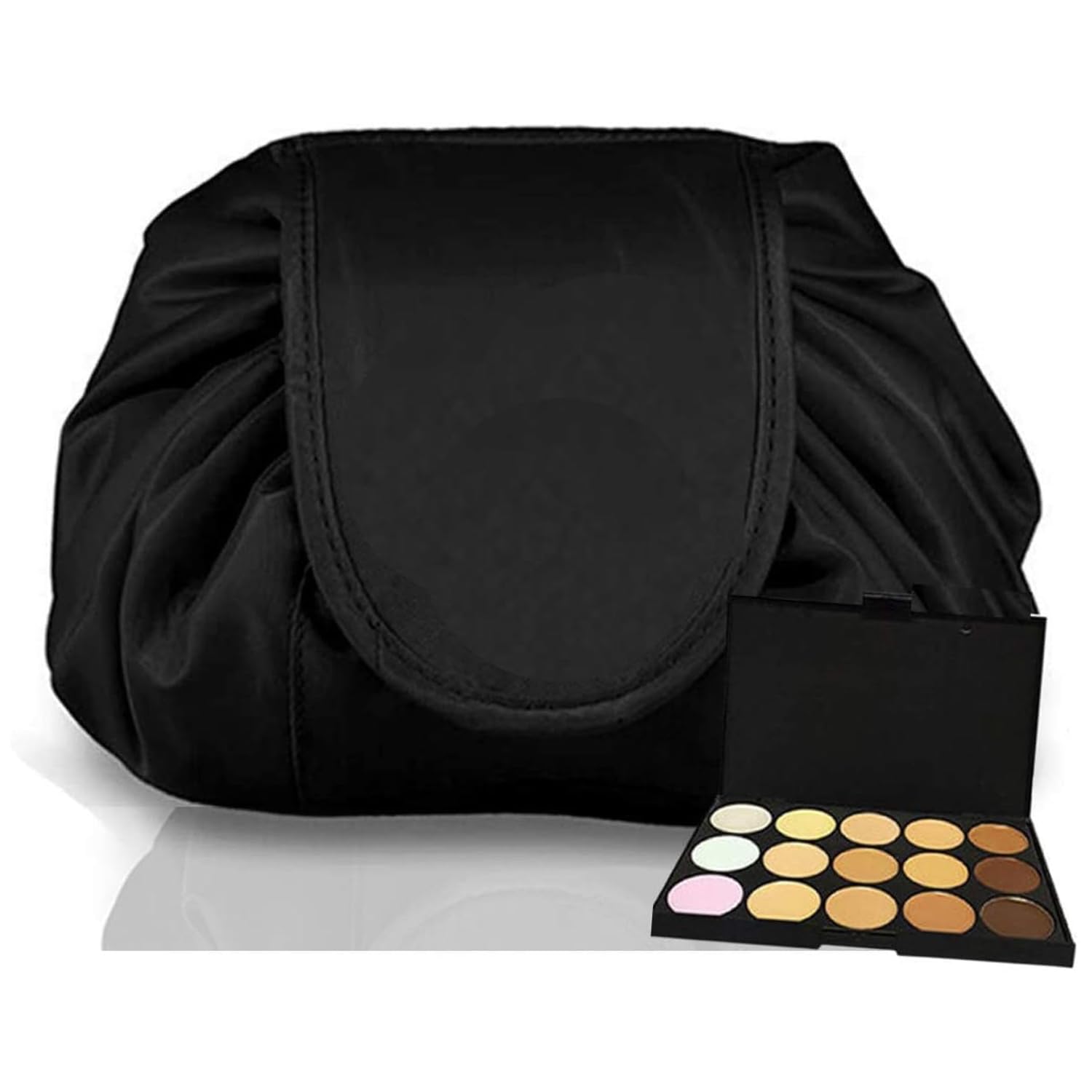 Drawstring Makeup Bag GLAMZA ‘Lazy’ Cosmetics Makeup Pouch Storage Organiser for Women & Girls (Black) - From Flat Makeup Bag to Structured Travel Makeup Bag in Seconds Inc 15pc Makeup Contour Palette