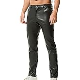 QiaTi Men's Faux Leather Pants Casual Stretch PU Leather Straight Leg Slim Fit Trousers Motorcycle Club Long Pant for Men