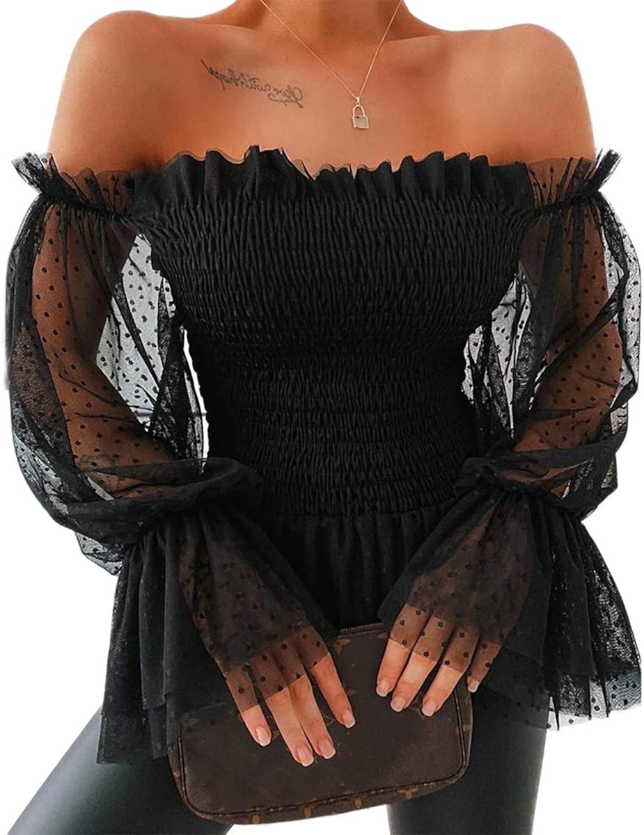 off the shoulder sheer chiffon blouse