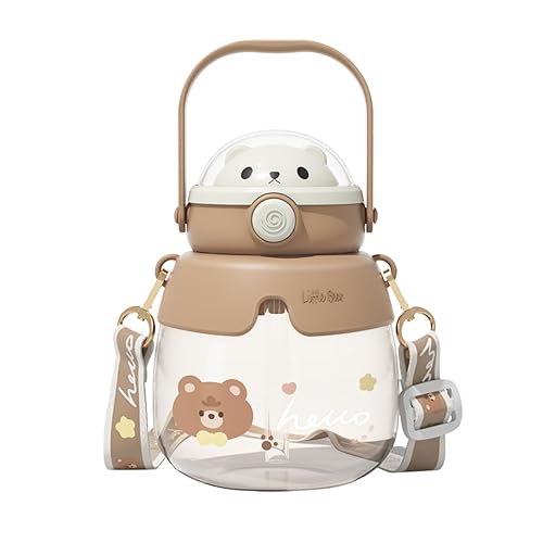 Kawaii Cute Bear Water Bottle with Straw and Strap 850ml Cute Sport Water Bottle Bear Drinking Mug Leakproof BPA-Free Portable Drinking Cup for Travel School Office (Coffee)