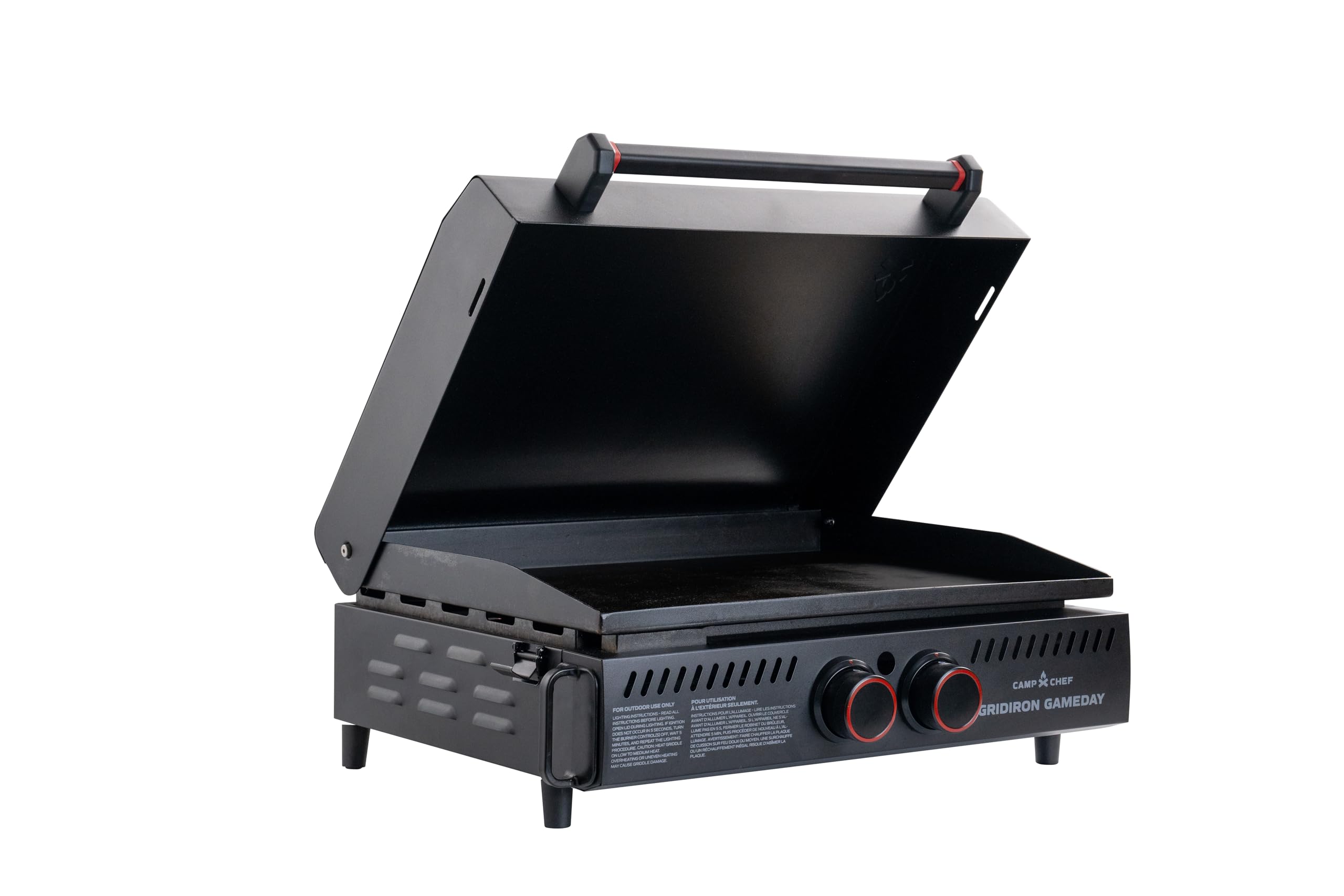 Photo 1 of Gridiron Gameday 24" Portable Propane Grill – Flat Top Tabletop Griddle with Hinged Lid, 24,000 BTUs, Flamethrower Ignition, Dual Heat Zones, Adjustable Legs for Tailgating, Camping & Outdoor Cooking