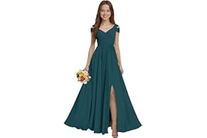 Cilontug Off Shoulder Junior Bridesmaid Dresses Chiffon V-Neck Flower Girl Dress for Teens Girls Split Prom Party Gown