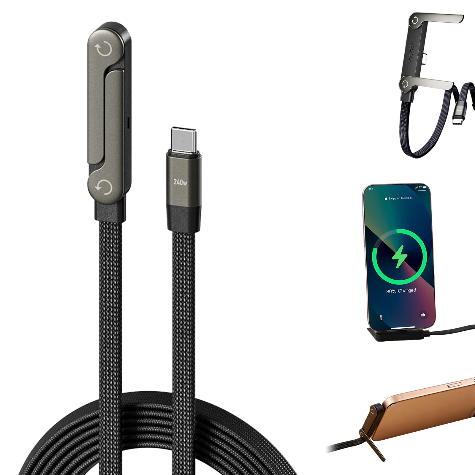Sideways Phone Charger, 2 in 1 Invisible Holder Charger Cable, 240W Braided Fast Charge Cable with Built-in Phone Stand, 240W Fast Charging Cable for Smartphones Tablets