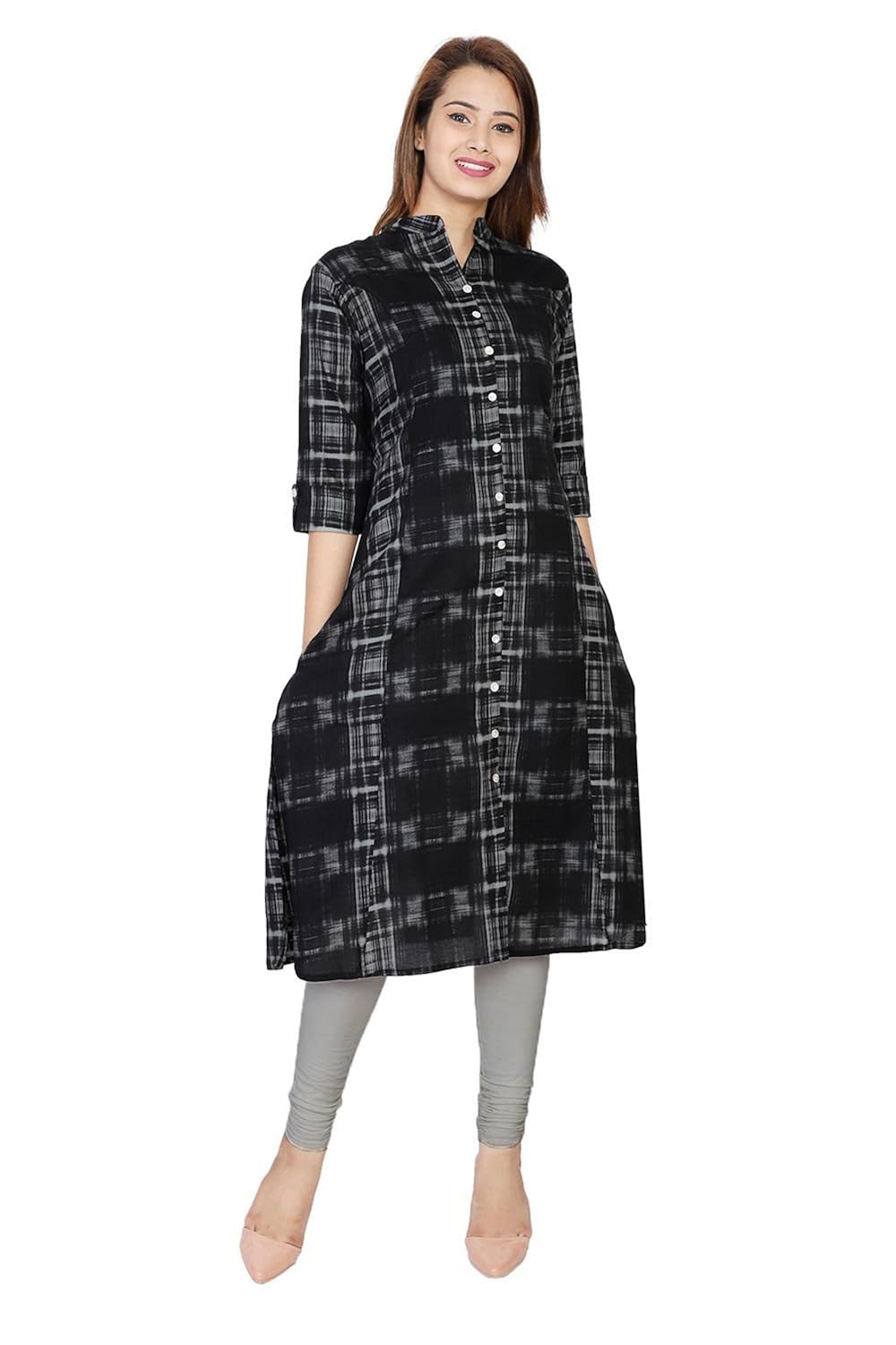 bright cotton women's a-line printed kurti (black)