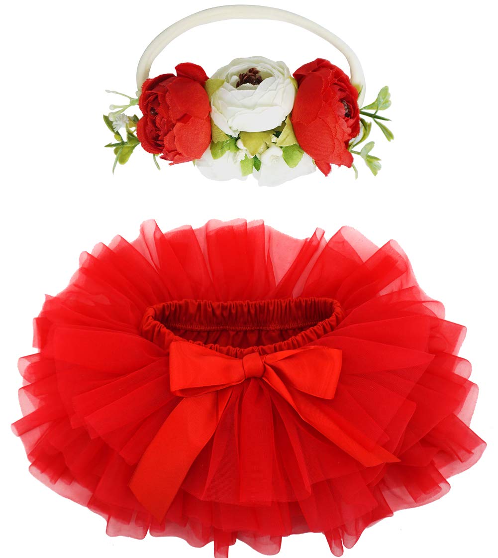 Photo 1 of BGFKS Baby Girls Soft Fluffy Tutu Skirt with Diaper Cover,Toddler Girl Tutu Skirt Sets with Flower Headband Red