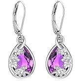 Flower Drop Dangle Teardrop Earrings 925 Sterling Silver Birthstone Leverback Earrings for Women Jewelry Gifts for Mother/Mom