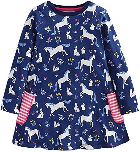 Bleubell Girls Unicorn Long Sleeve Dress Fun Printed For Toddlers Tweens 7/8Y