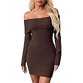 Wenrine Womens Off The Shoulder Sweater Dress Casual Ribbed Knit Long Sleeve Bodycon 2025 Fall Party Mini Dresses
