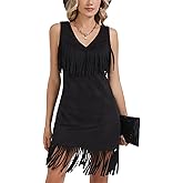 Dilgul Women's Fall Faux Suede Dress Vintage V Neck Sleeveless Slightly Stretchy Fringe Cowgirl Outfits
