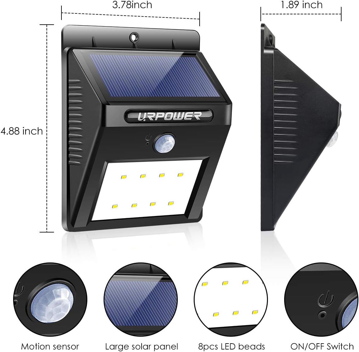 URPOWER Solar Lights Wireless Waterproof Motion Sensor Outdoor Light for Patio, Deck, Yard, Garden with Motion Activated Auto On/Off (4-Pack) - - 