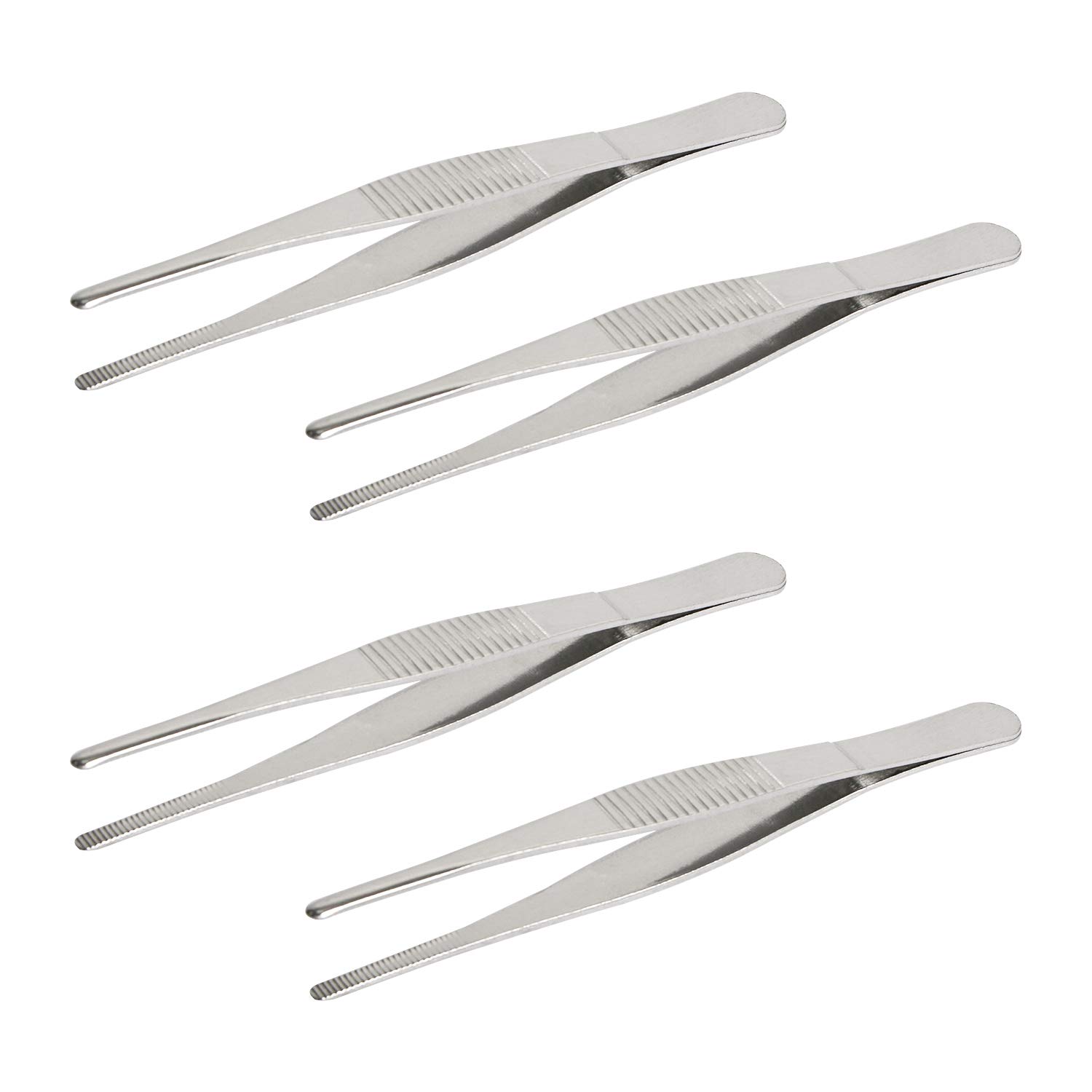 Aoje-Link Stainless Steel Straight Blunt Tweezers, Horizontal Serrated Tips, Used for Repairs, barbecues, Auxiliary Tools, Silver, 4pcs