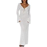 Saodimallsu Womens Crochet Maxi Cover Up Dress Beach Swim Vacation Coverups Long Sleeve Sexy Bodycon Summer Knit Dresses