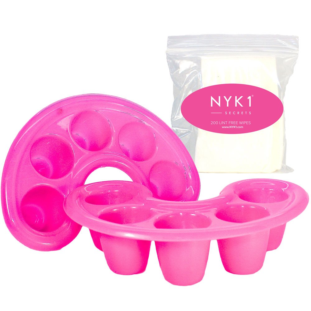 NYK1 Soak Off Finger Bowl Dishes For Shellac Gel and Acrylic Nails With 200 Square Lint Free Cotton Wool Pads Nail Wipes Scrub Effect. Fill The Trays With Acetone Remover To Remove Gel Nail Polish