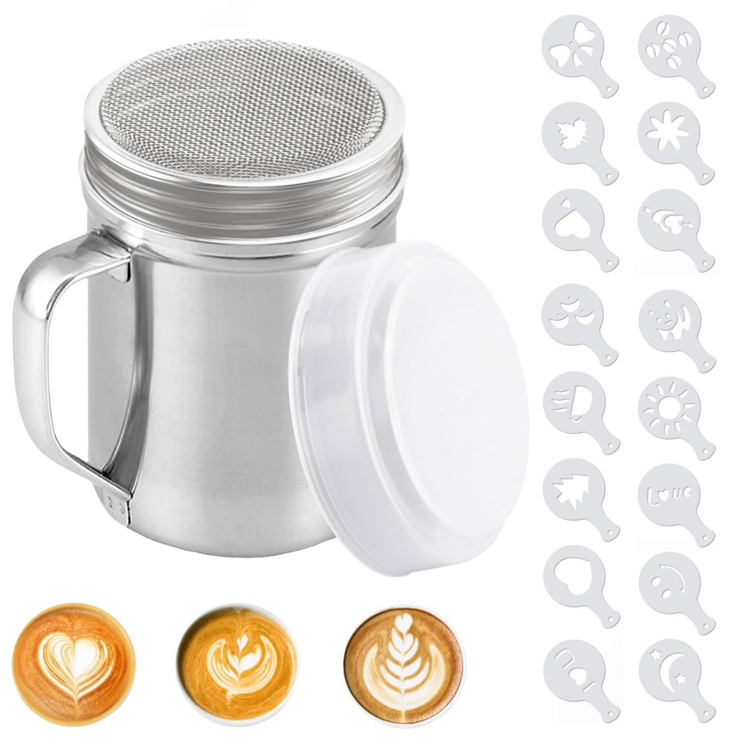 Powder Shaker Stainless Steel Chocolate Powder with Fine Mesh Sieve Sifter Icing Sugar Duster with Handle and Lid with 16 Moulds for Cappuccino Cocoa Creams Coffee Spice