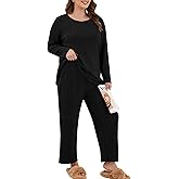 ZHUHOUSE Womens Plus Size Lounge Pajamas 2 Piece Pj Sets Soft Long Sleeve Ribbed Tops Wide Leg Pants with Pockets
