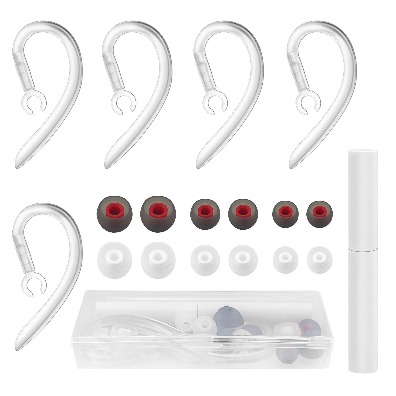 5pcs 6mm Bluetooth Headset Hook Clips Silicone Multi-Dimensional Adjustable 360° Wireless Ear Hooks Replacement, with Multifunctional Cleaning Pen, 6pairs Silicone Earbuds, Storage Box(11/12/13mm)