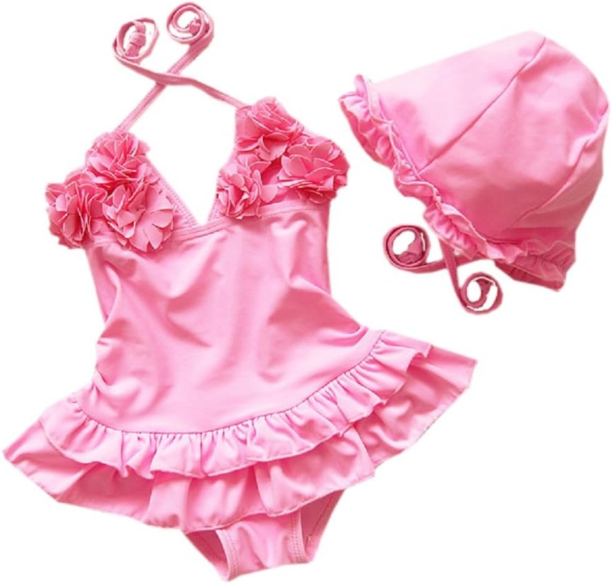 Chinaface Baby Girls Flower Flounced One Piece Swimsuit with Hat