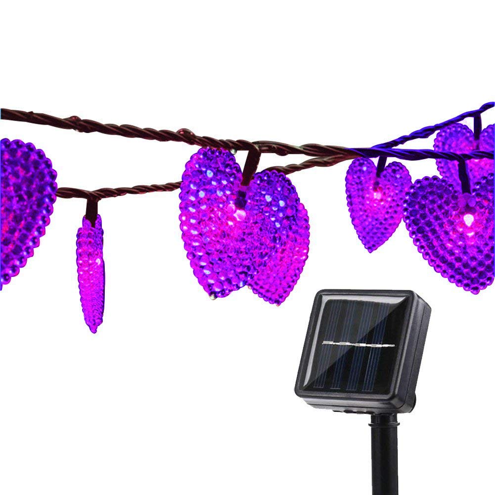 Outdoor Solar String Lights,KINGCOO 20Feet 30 Led Love Heart Shape Waterproof Solar Globe 8 Mode Lighting Fairy Decorative String Lights for Halloween Garden Wedding Party Home Patio Xmas Tree(Purple)