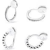 Yurielys Clip on Hoop Earrings for Women, 14K Real Gold Plated Non Pierced Small Hoop Cubic Zirconia, Fake Piercing Mini Beaded Hoop Earrings Set 2 Pairs