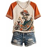 Women's Mexico Day of the Dead Art Print Casual V-Neck Tee Sugar Skull Top | Day of the Dead Shirt Mexican Floral Sugar Skull Tshirt Day of the Dead Sugar Skull Flowers T-Shirt Funny Halloween Tee