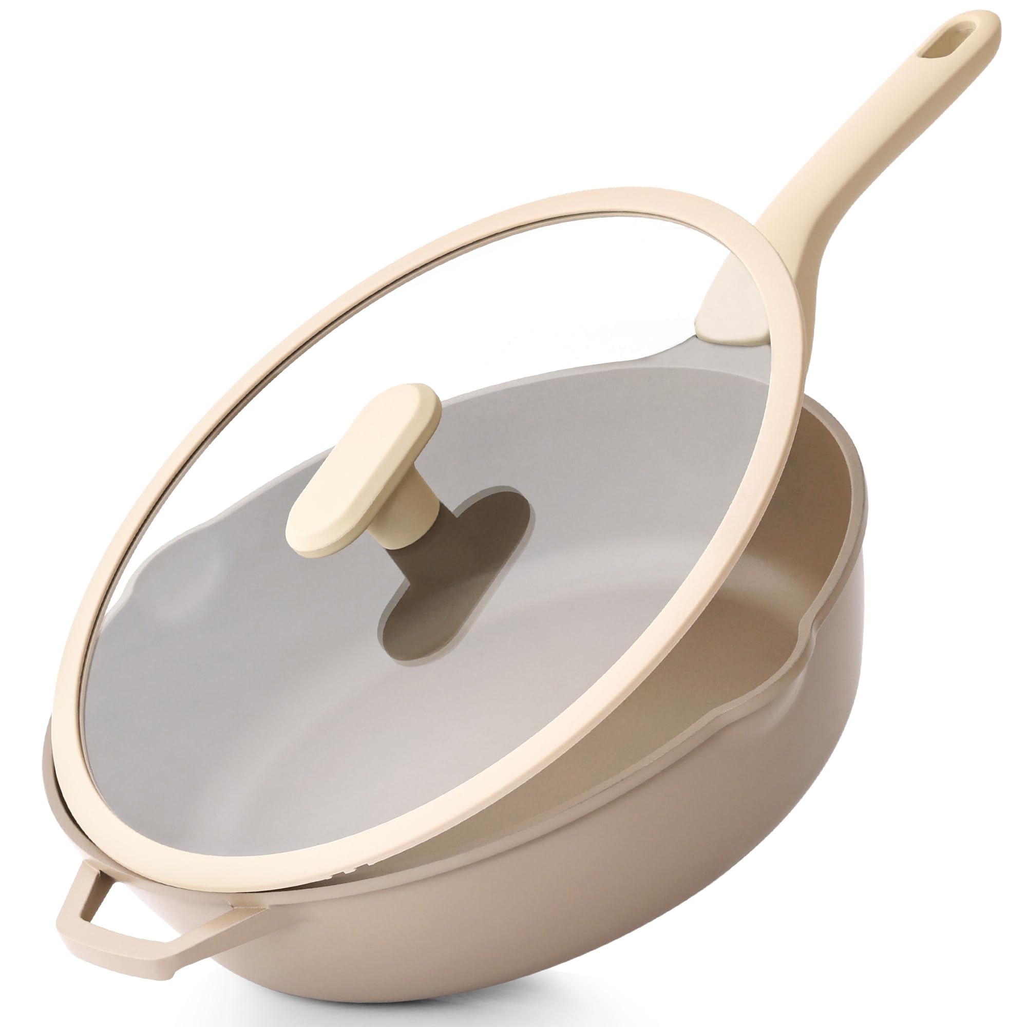 Photo 1 of PRICUSIS Nonstick Deep Frying Pan with Glass Lid, 12 Inch (4.8 qt), 5X Durable Nonstick Sauté Pan, Scratch & Stain Resistant, PFOA Free, Induction Compatible, Dishwasher & Oven Safe, Natural Linen