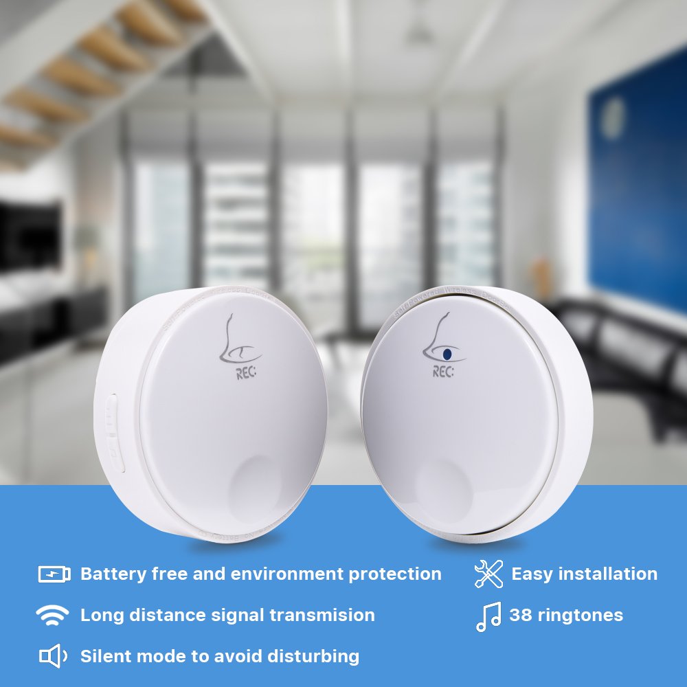Ankuoo REC Self-Powered Wireless Doorbell, No Battery Required For Transmitter Or Receiver, White