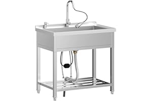PULSEFAY Freestanding Laundry Utility Sink,35.4" × 22.4" × 49.2" Brushed Sink single bowl with Soap Dispenser,Hot&Cold Pull-Out Faucet,Hose and Drain Kit for Laundry, Garage,NSF, Stainless steel