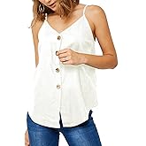 Womens Cotton Linen Tank Tops Causal V Neck Sleeveless Button Down Tops Summer Loose Fit Spaghetti Strap Cami Shirts