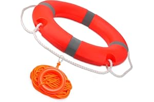 MAKUQI Pool Life Ring Buoy Safety Ring with Water Floating Lifesaving Rope and Reflective Tape - Orange, 14"/22