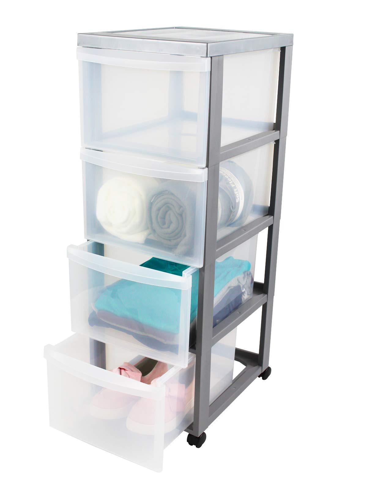 Iris Ohyama, Plastic Drawers Storage Unit, Plastic Storage Drawers, A4 Format & 4 Wheels, H81cm/4 Drawers, BPA Free, Silver, W40 x D29 x H81cm, DC-304