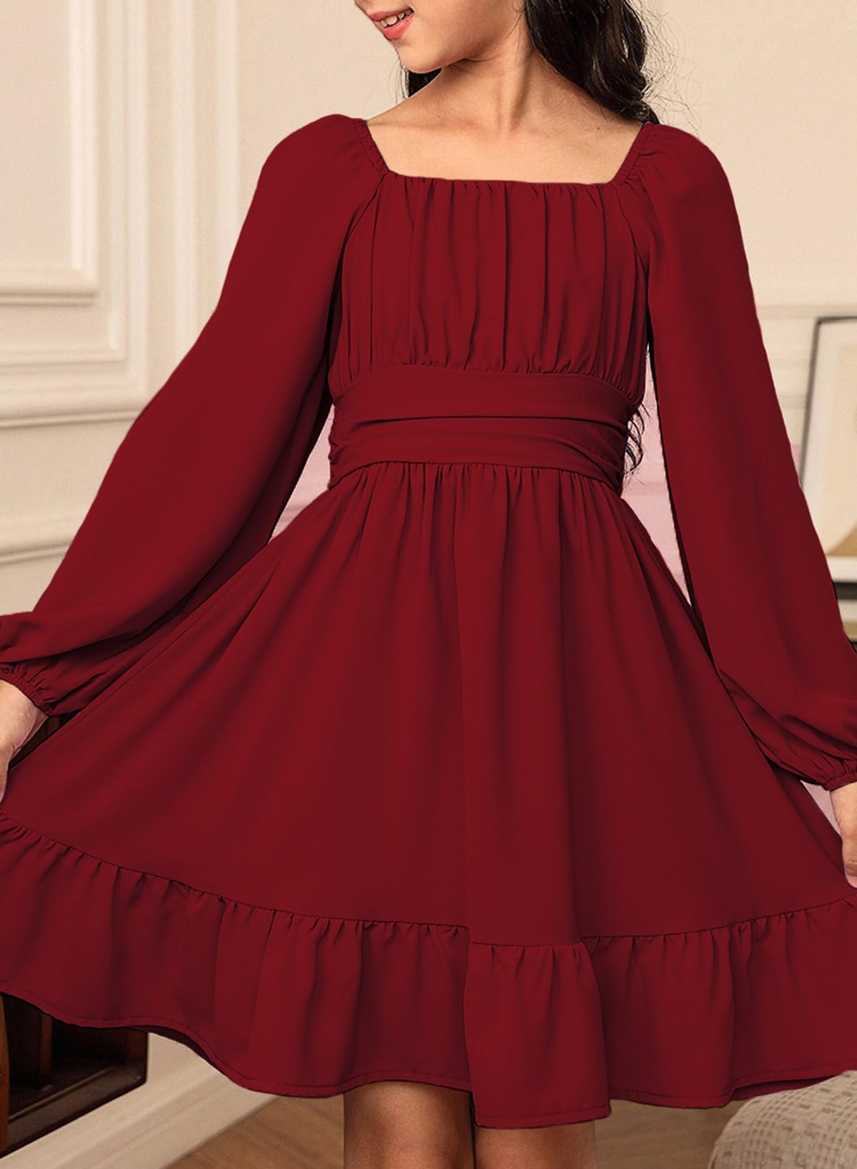 blibean Girls Long Sleeve Tie Back Dress Tween Fall Off Shoulder Dress Size 6-15 Years