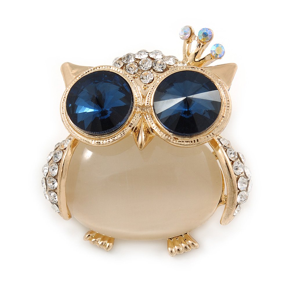 Gold Plated Clear/Blue Crystal with Cat Eye Stone Owl Brooch - 35mm L