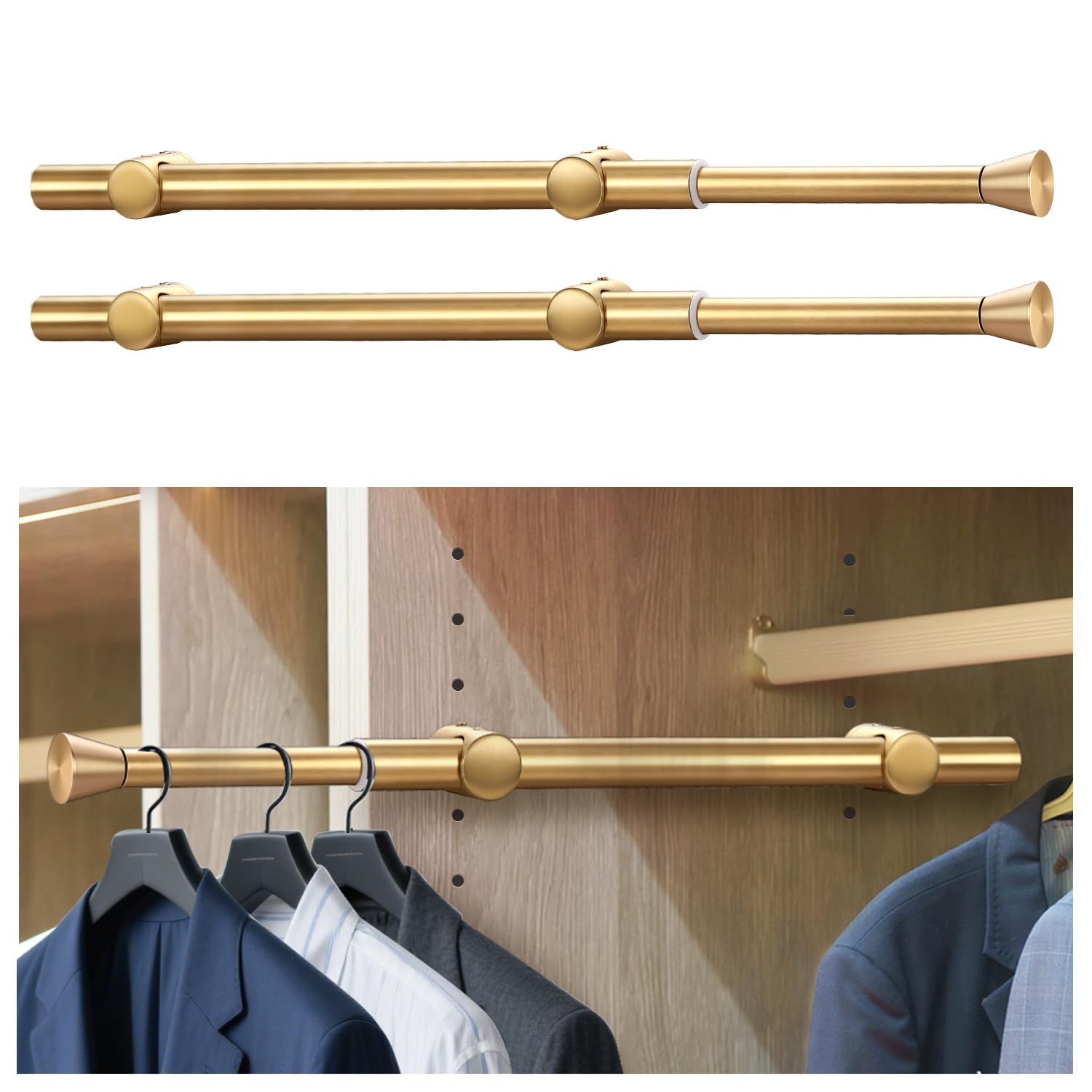 Photo 1 of 12" Pull-Out Valet Rod for Closet Organization, Add Extra Hanging Space 304 Stainless Steel Closet Rods, Space-Saving Design for Small Closets,Golden 2 Pack