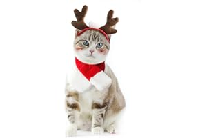 Enjoying Pet Christmas Costumes for Cats Small Dogs, Cat Reindeer Antlers Headband with Xmas Scarf, Adjustable Doggie Reindeer Hat Santa Scarf, Kitten Christmas Outfit Cosplay